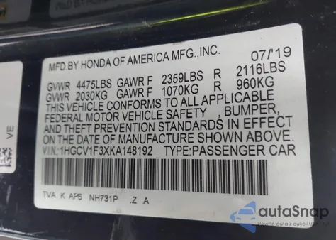 2019 Honda Accord Sport from USA, damaged, VIN 1HGCV1F3XKA148192